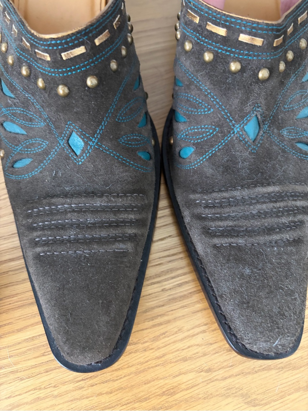 Cole Haan Brown Suede Pointed Toe Boots with Teal Stitching